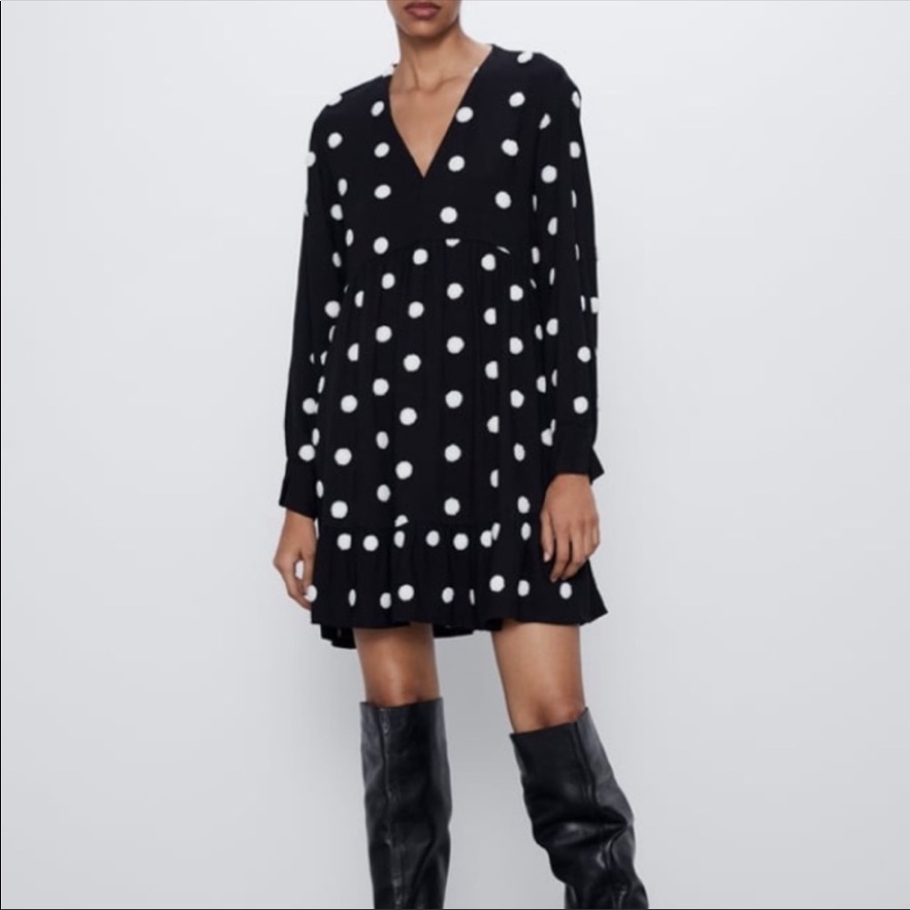 Zara Black & White Polka Dot Long Sleeve Dress V-Neck Pom Pom